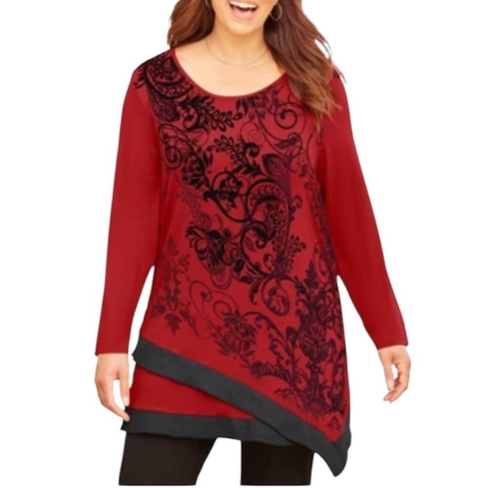 Catherines Artsy Embellished Asymmetrical Layered Tunic Top 3X Red Black NWT